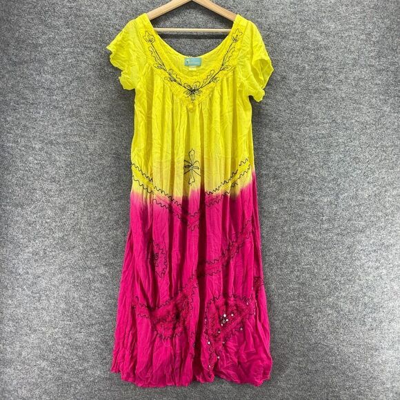 Sunflower Dress Women M Medium Yellow Ombre Shift Midi V-Neck Short Sleeve - Picture 1 of 8